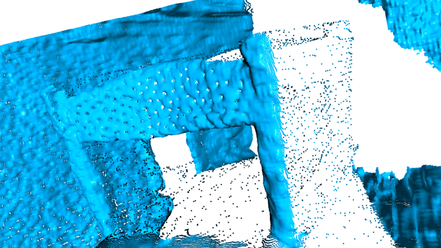 A chair point cloud produced with unimatch. Notice that it contains many small dots. I believe this is the effect of the IR projector. Also, notice the noise due to the continuity of the disparity map